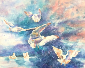 Seagulls, Seagull Watercolor, Seascape Watercolor, Seagull Dance, Ocean, Waves, Seagull, Original Art, Martha Kisling