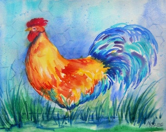 Rooster Watercolor, Rooster Farm, Rooster Decor, Kitchen Rooster, Red and Yellow, Barnyard Art,  Barn Fence, Martha Kisling