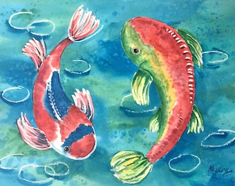 Koi Fish Watercolor, Koi Art, Zen Art, Blue Turquoise Lime Green Orange, Art With Heart, Martha Kisling