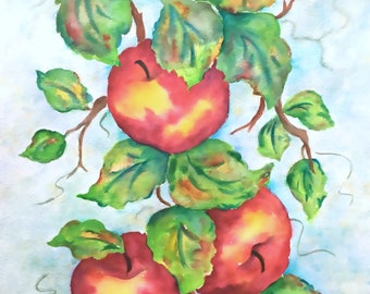 Apple Watercolor, Apple Leaves, Kitchen Decor, Watercolor Fruit, Red Green, Fruit Decor, Art With Heart