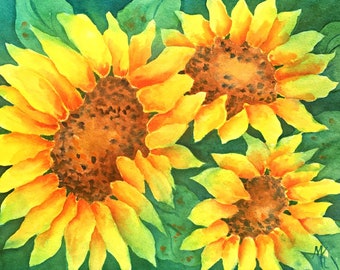 Sunflower Art, 8x10 Watercolor, Sunflower Watercolor, Watercolor Flowers, Garden Art, Garden Decor, Art With Heart