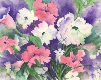 Watercolor of White, Pink and Purple Flowers - Martha Kisling Original Art