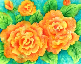 Peach Flowers, Flower Watercolor, Tropical Flowers, Orange, Hawaii, Tropical Decor, Peach, Green, Martha Kisling, Art With Heart