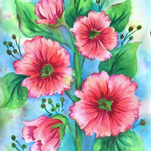 Pink Hollyhocks Watercolor, Watercolor Flowers, Hollyhock Art, Original Painting, Pink and Green, Martha Kisling