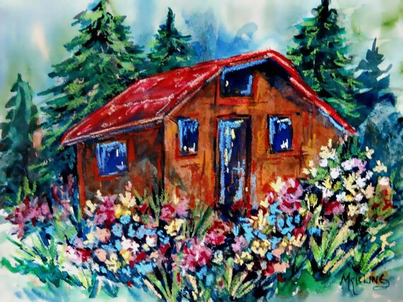 Oil Pastel Collage And Watercolor Of Cabin Trees And Field Etsy
