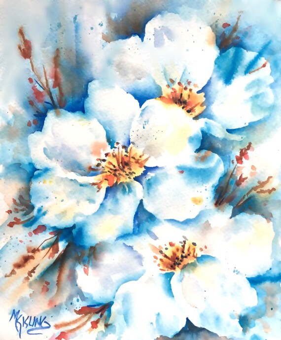 Aquarelle Fleur Blanche Bleu Et Blanc 8 X 10 Aquarelle Trois Fleurs Bleu Et Or Décor Floral Lart Avec Coeur Aquarelle Originale