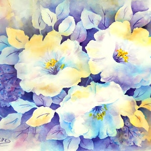 Watercolor White Flowers, Blue Flowers, Floral Watercolor, Blue and White, Flower Trio, Purple Yellow, Art With Heart, Martha Kisling image 1
