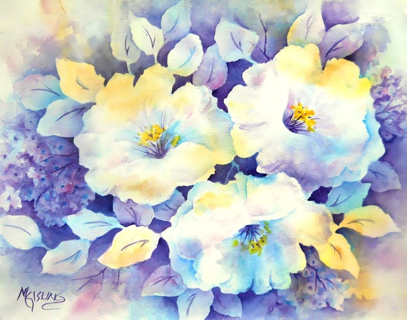 Watercolor White Flowers, Blue Flowers, Floral Watercolor, Blue and White, Flower Trio, Purple Yellow, Art With Heart, Martha Kisling image 1