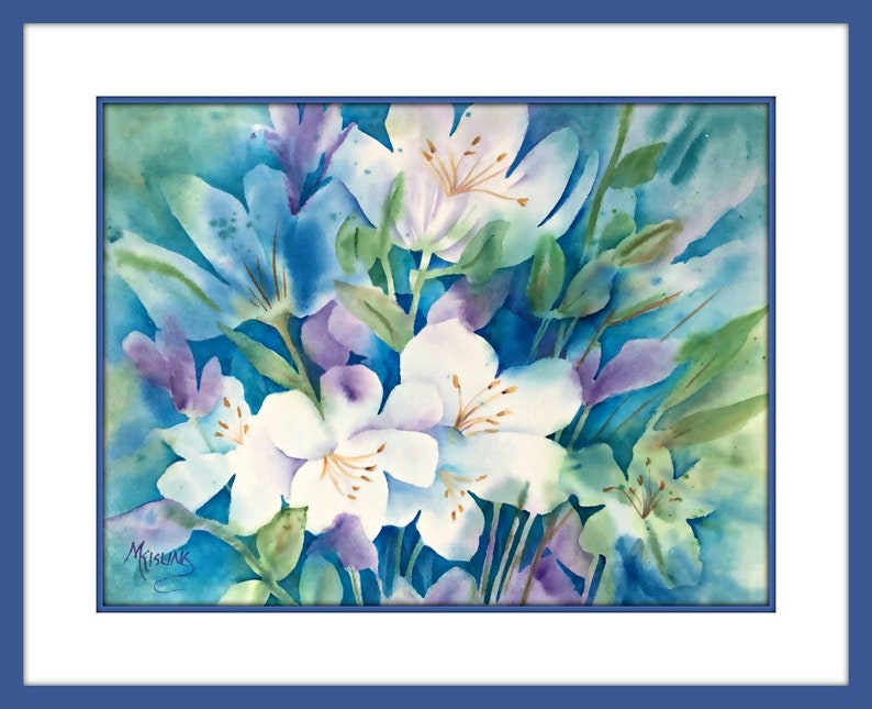 Watercolor of Blue and White Flowers by Colorado Artist Martha Kisling image 2