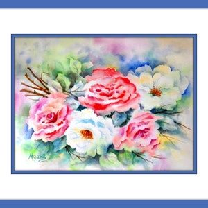 Aquarelle de roses, Rose peinture, roses Roses, blanches, Roses, bleu-vert, Bouquet de Roses, lArt avec coeur, peinture originale, Martha Kisling image 2