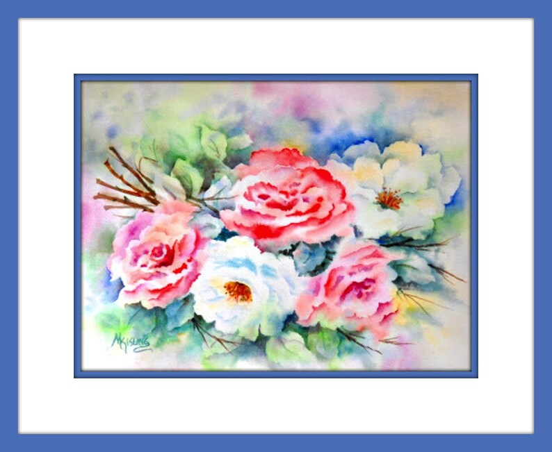 Aquarelle de roses, Rose peinture, roses Roses, blanches, Roses, bleu-vert, Bouquet de Roses, lArt avec coeur, peinture originale, Martha Kisling image 2