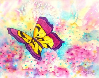 Butterfly Watercolor, Spring Flowers, Watercolor Flowers, Butterfly Art, Pink and Blue, Mauve, Yellow, Art With Heart, Martha Kisling