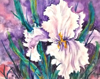 Watercolor White Iris, Watercolor Gesso, White Flower, Purple White, Green Purple, Iris Art, Art With Heart, Original Art