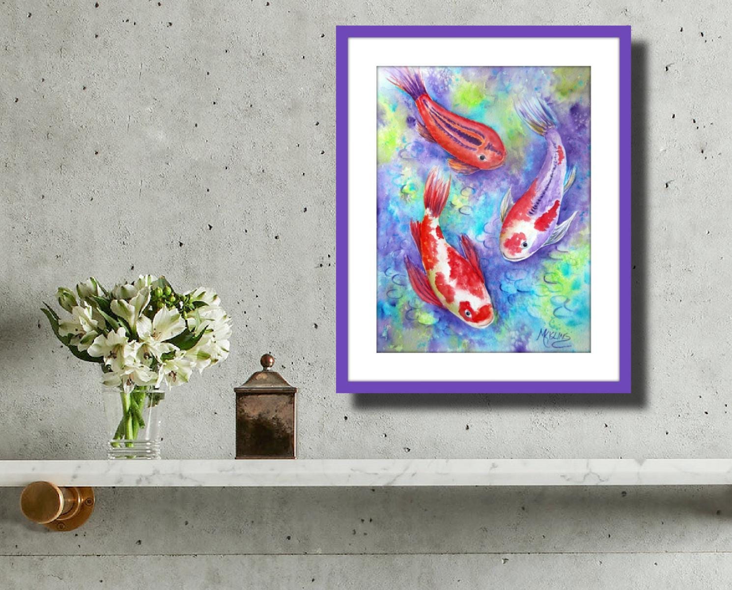 Koi Fish Watercolor, Koi Art, Zen Art, Purple Turquoise Lime Green