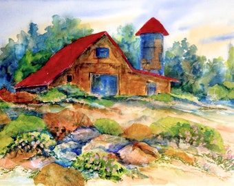 Watercolor Barn, Watercolor Collage, Country Barn, Field Flowers, Oil Pastel, Mixed Media Barn, Burnt Sienna,Rocks, Martha Kisling