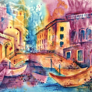 Venice Watercolor, Venice Canals,Abstract Watercolor,Venice Italy, Bold Colors Art, Venice Art, Turquoise Magenta Orange, Martha Kisling