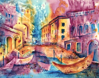 Venice Watercolor, Venice Canals,Abstract Watercolor,Venice Italy, Bold Colors Art, Venice Art, Turquoise Magenta Orange, Martha Kisling