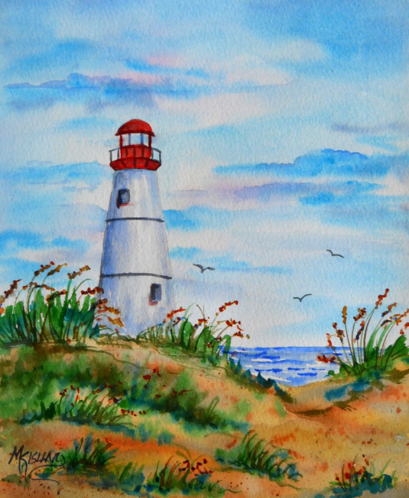 White Lighthouse Watercolor Beach Coast by Colorado Artist Etsy