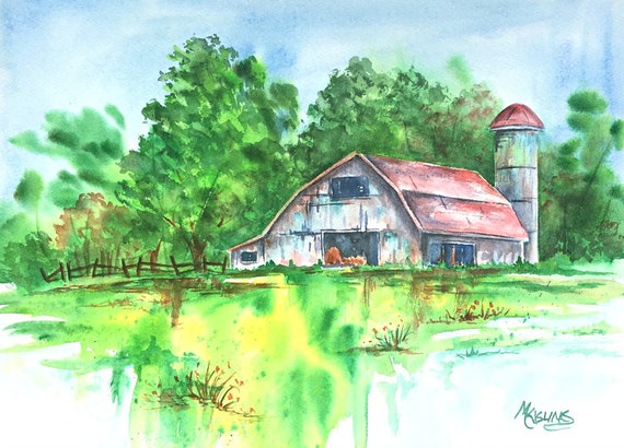 Watercolor Barn Country Farm Watercolor Country Trees Etsy