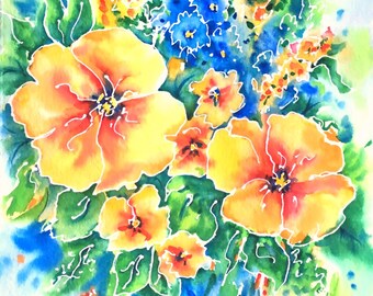 Bouquet de l’aquarelle, aquarelle fleurs, fleurs jaunes, fleurs bleues, jaune vert, décor floral, Martha Kisling