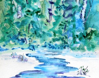 Colorado Watercolor, Watercolor Aspen Trees, Mountain Stream, Watercolor on Gesso, Birch Trees Watercolor, Snow Aspen, BlueMartha Kisling