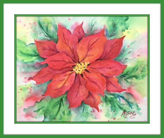 Red Poinsettia Watercolor Christmas Red Green Original Watercolor