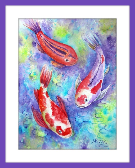 Koi Fish Watercolor, Koi Art, Zen Art, Purple Turquoise Lime Green
