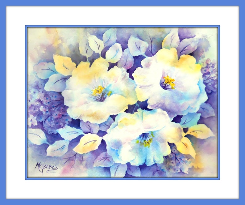 Watercolor White Flowers, Blue Flowers, Floral Watercolor, Blue and White, Flower Trio, Purple Yellow, Art With Heart, Martha Kisling image 2
