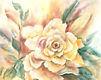 Yellow Rose Watercolor, Large Rose, Rose Art, Watercolor Rose, Yellow Gold, Olive Green. Green and Gold, Art With Heart, Martha Kisling