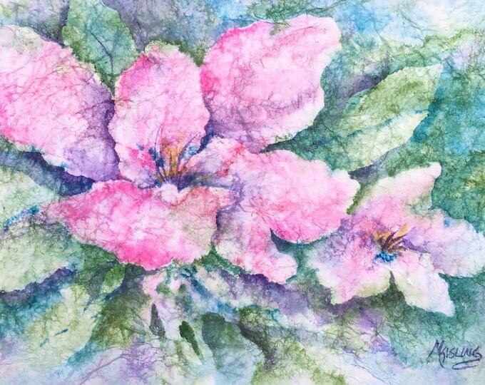 Watercolor Painting on Rice Paper of Large Pink Flowers by Etsy