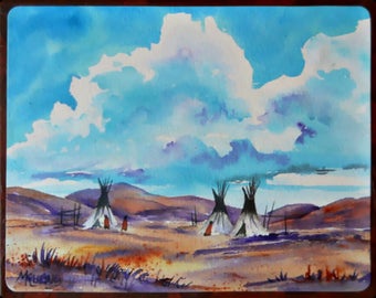 Watercolor on Canvas Southwest Teepees Buttes by Colorado Artist Martha Kisling