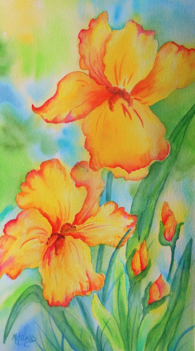 Yellow Iris Watercolor, Yellow Flowers, Iris Decor, Martha Kisling image 1