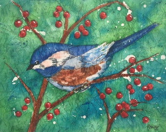 Watercolor Batik, Bird, Blue Bird, Red Berries, Tree, Winter, Bird Art, Martha Kisling