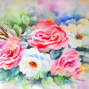 Aquarelle de roses, Rose peinture, roses Roses, blanches, Roses, bleu-vert, Bouquet de Roses, lArt avec coeur, peinture originale, Martha Kisling image 1