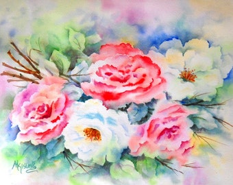 Roses Watercolor, Rose Painting, Pink Roses, White Roses, Blue Green, Bouquet Roses, Art With Heart, Original Painting, Martha Kisling