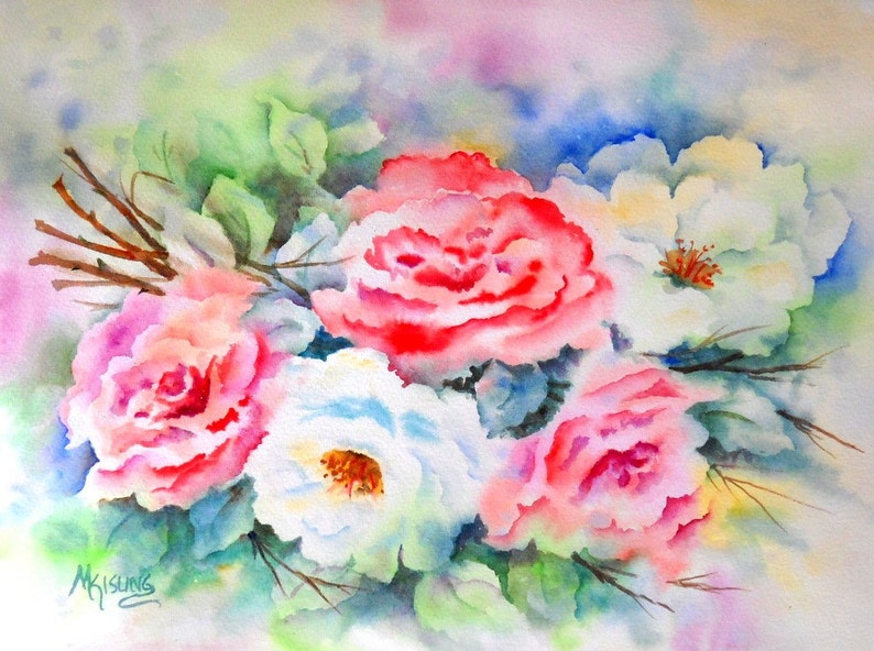 Aquarelle de roses, Rose peinture, roses Roses, blanches, Roses, bleu-vert, Bouquet de Roses, lArt avec coeur, peinture originale, Martha Kisling image 1