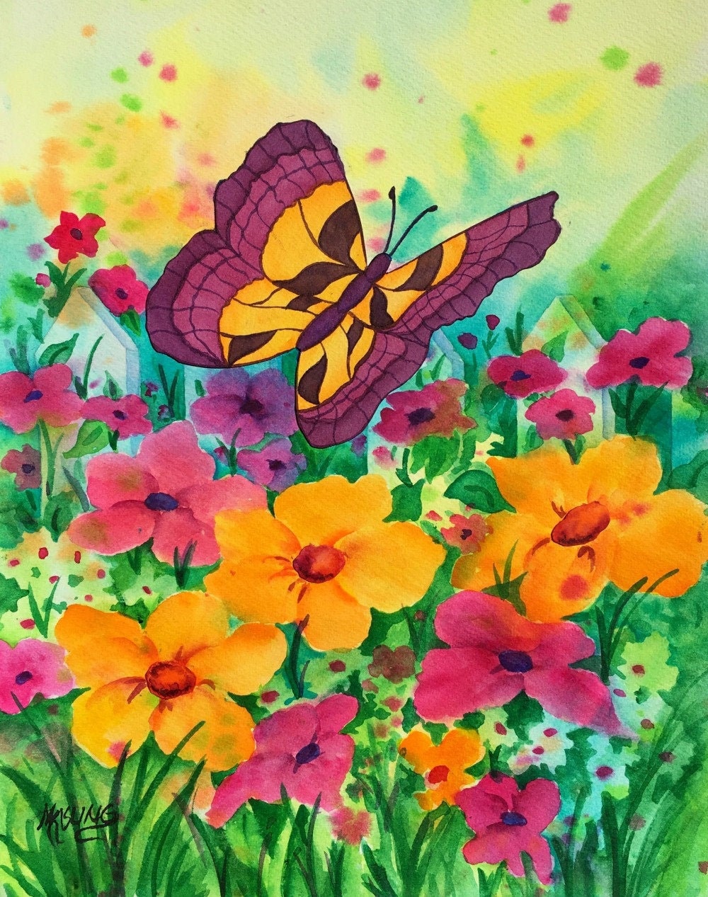 Butterfly Garden Watercolor, Wildflower Art, Yellow Flowers, Pink Flowers, White Picket Fence, Original Watercolor, Martha Kisling