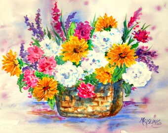 Watercolor Spring Flower Bouquet Basket Painting by Martha Kisling