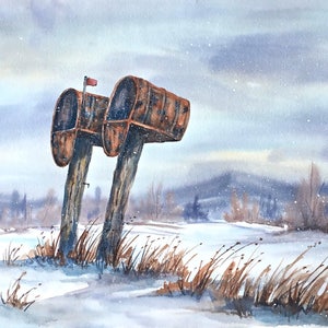 Watercolor Mailboxes, Country Mail, Snow, Original Painting, Martha Kisling, Art With Heart image 1