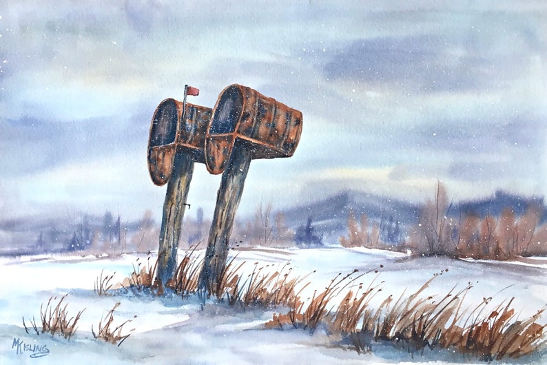 Watercolor Mailboxes, Country Mail, Snow, Original Painting, Martha Kisling, Art With Heart image 1