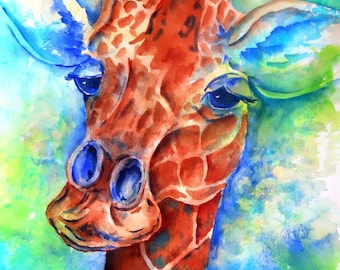 Giraffe Watercolor, Giraffe Eyes, Colorful, Giraffe, Blue and Green, Children Giraffe, Child Decor, Martha Kisling