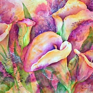 Collage Watercolor, Calla Lily Watercolor, Watercolor Stamping, Purple Iris, Orange Iris, Orange and Green, Abstract Lillies, Martha Kisling