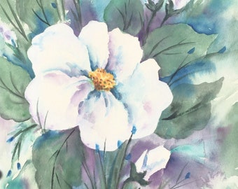 Watercolor White Flower, Floral Watercolor, Blue, Green, White, Purple, Art With Heart, Martha Kisling