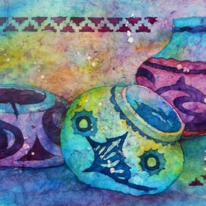 May include: Three hand-painted pottery jars with intricate designs in shades of purple, blue, and green. The jars are set against a colorful background with a border of geometric shapes.