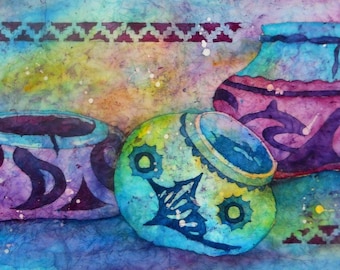 Southwestern Pottery Watercolor, Batik Watercolor, Santa Fe Art, Watercolor Pots, Watercolor Southwest, Taos Art, Purple, Turquoise, Blue
