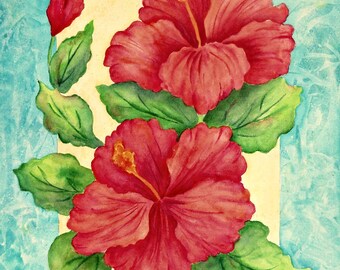 Hibiscus Watercolor, Orange Hibiscus, Tropical, Orange Pink, Colorful Hibiscus, Tropical Decor, Hibiscus Decor,Blue Border, Martha Kisling