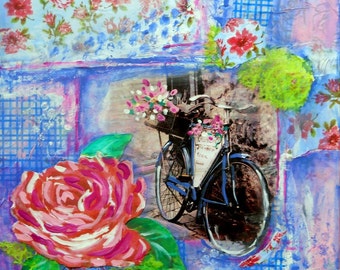 Bicycle Collage,Mixed Media Bicycle,Bicycle Art,Altered Photo, Photo Art,Acrylic Collage, Rose,Pink and Green, Pink and Blue, Martha Kisling