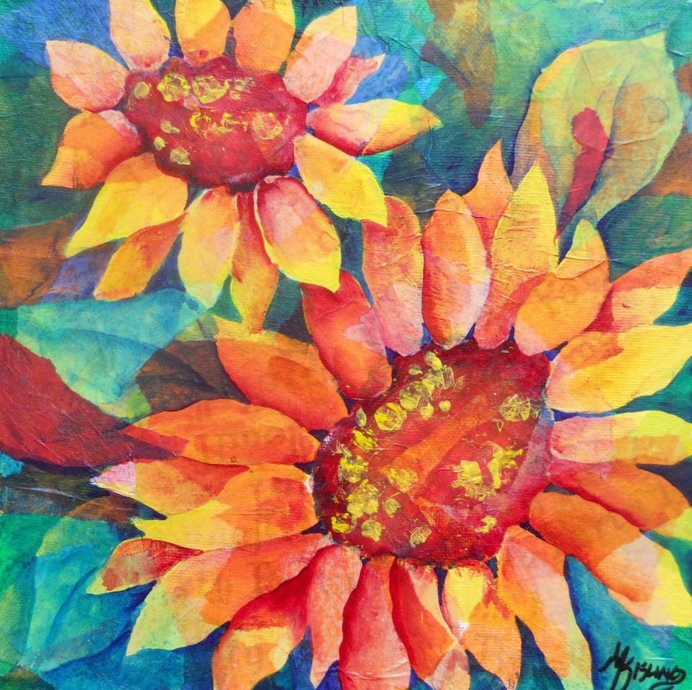 Sunflower Collage Acrylic, 10x10 Canvas Sunflower, Acrylic Collage by Mixed Media Artist Martha Kisling
