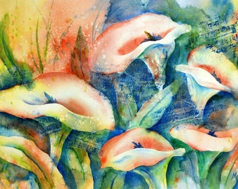 Calla Lily Watercolor, Collage Lilies, Watercolor Collage, Orange and Blue, Abstract, Calla Lily, White Flower, Music Stamp, Martha Kisling