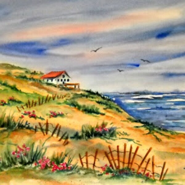 Seascape Watercolor, Ocean Watercolor, Seascape Ocean, Beach Art, Sand Sea Oats, Beach Decor, Cottage, Martha Kisling, Original Paintings